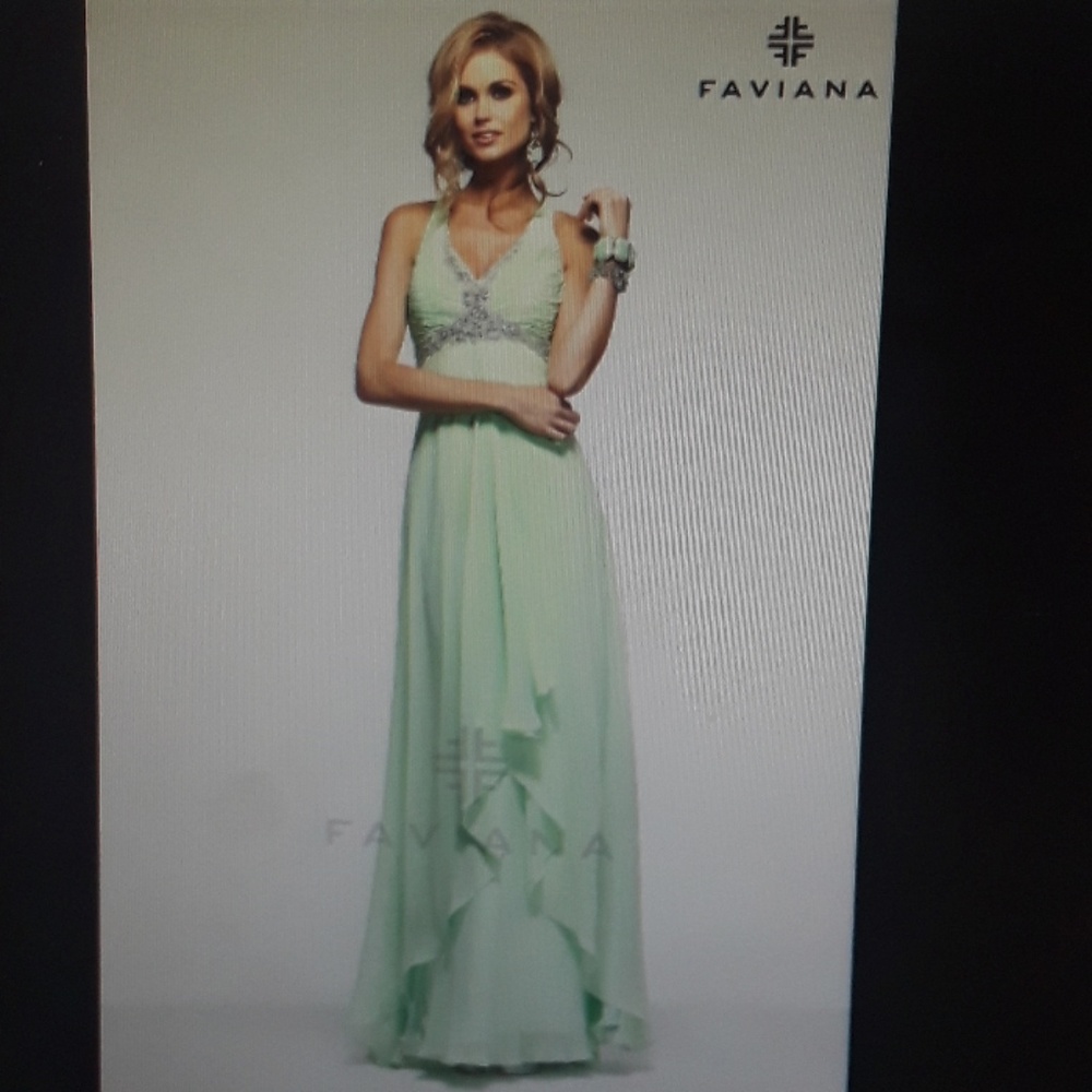 Faviana 6916 Beaded Chiffon Dress with cross back